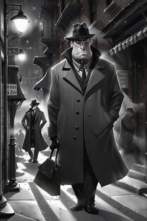 portrait, cartoon, noir scene, black and white, greyscale, detective burnahm, hat, coat, low light, alley