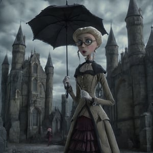stopmotion, victorian english beautiful young blonde lady, coat, wearing gloves and eyeglasses, high contrast, castle, holding umbrella