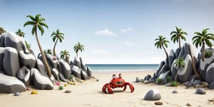 a crabman on a deserted beach during day, palms, sea, rocks