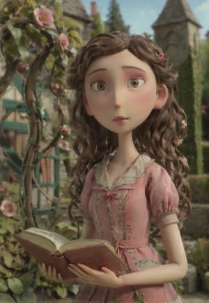 stopmotion, tilt-shift, a girl with book in a garden with twisting vines, detailed. curly brown hair and large light eyes, facing the camera. Detailed face. centered, Close up, Perfect hands, Peach, pink, sage colors