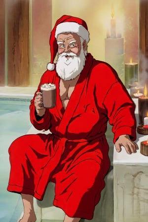 santa claus relaxing at the spa wearing a bathrobe, holding a mug of hot chocolate