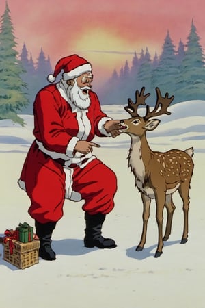 artwork of a classic christmas scene, santa claus is talking with his deer