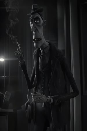 stopmotion, a zombie detective, cigarette, noir, coat, talking, wearing a hat, contrast, key light, office, high contrast