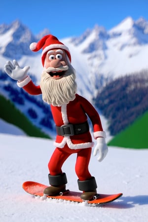 claymation, santa claus snowboarding in the alps