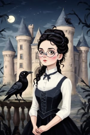 a beautiful victorian woman, castle, eyeglasses, braid, black hair, elegant, dark, night, crow