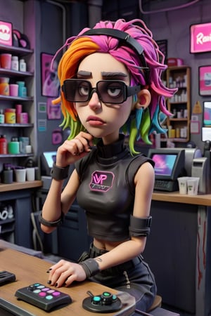 claymation, sexy cyberpunk merchant girl, bored sitting behind a counter, in her vr visor shop, rainbow hair, white, neon