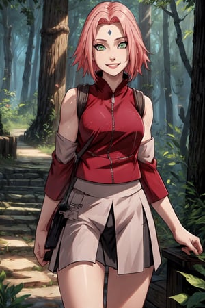 (masterpiece:1.2), (best quality:1.2), beautiful, high quality, (highres:1.1), detailed, extremely detailed 4K, perfect eyes, perfect face, perfect lighting, akura shippuden, forehead mark, pink hair, green eyes, forest background, smile, looking at viewer, red jacket, medium breasts, sleeveless, muscular, cowboy shot, black short, skirt, parted lips, toeless black boots, 