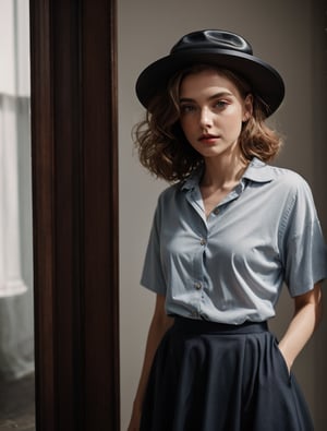 New Look .Long curly hair.Short curly hair.1950s European and American hats.gorgeous female.Floor length skirt.looking at viewer, portrait, photography, detailed skin, realistic, photo-realistic, 8k, highly detailed, full length frame, High detail RAW color art, piercing, diffused soft lighting, shallow depth of field, sharp focus, hyperrealism, cinematic ,chuuChloe