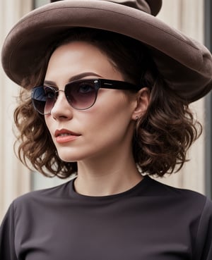 New Look .Long curly hair.Short curly hair.1950s European and American hats.Cat's Eye Sunglasses.gorgeous female.Floor length skirt.looking at viewer, portrait, photography, detailed skin, realistic, photo-realistic, 8k, highly detailed, full length frame, High detail RAW color art, piercing, diffused soft lighting, shallow depth of field, sharp focus, hyperrealism, cinematic ,chuuChloe