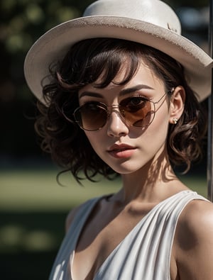 Sunglasses.New Look .Long curly hair.Short curly hair.1950s European and American hats.gorgeous female.Floor length skirt.looking at viewer, portrait, photography, detailed skin, realistic, photo-realistic, 8k, highly detailed, full length frame, High detail RAW color art, piercing, diffused soft lighting, shallow depth of field, sharp focus, hyperrealism, cinematic ,chuuChloe