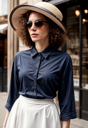 sunglasses.New Look .Long curly hair.1950s European and American hats.gorgeous female.Floor length skirt.looking at viewer, portrait, photography, detailed skin, realistic, photo-realistic, 8k, highly detailed, full length frame, High detail RAW color art, piercing, diffused soft lighting, shallow depth of field, sharp focus, hyperrealism, cinematic ,chuuChloe,aunt cass