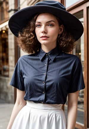 New Look .Long curly hair.1950s European and American hats.gorgeous female.Floor length skirt.looking at viewer, portrait, photography, detailed skin, realistic, photo-realistic, 8k, highly detailed, full length frame, High detail RAW color art, piercing, diffused soft lighting, shallow depth of field, sharp focus, hyperrealism, cinematic ,chuuChloe,aunt cass