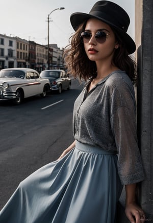 Sunglasses.New Look .Long curly hair.1950s European and American hats.gorgeous female.Floor length skirt.looking at viewer, portrait, photography, detailed skin, realistic, photo-realistic, 8k, highly detailed, full length frame, High detail RAW color art, piercing, diffused soft lighting, shallow depth of field, sharp focus, hyperrealism, cinematic ,chuuChloe