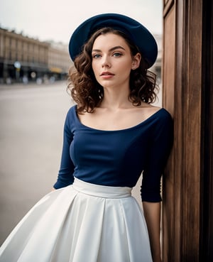 New Look .Long curly hair.Short curly hair.1950s European and American hats.gorgeous female.Floor length skirt.looking at viewer, portrait, photography, detailed skin, realistic, photo-realistic, 8k, highly detailed, full length frame, High detail RAW color art, piercing, diffused soft lighting, shallow depth of field, sharp focus, hyperrealism, cinematic ,chuuChloe