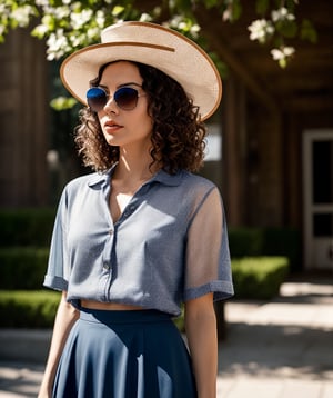 New Look .Long curly hair.Short curly hair.1950s European and American hats.Cat's Eye Sunglasses.gorgeous female.Floor length skirt.looking at viewer, portrait, photography, detailed skin, realistic, photo-realistic, 8k, highly detailed, full length frame, High detail RAW color art, piercing, diffused soft lighting, shallow depth of field, sharp focus, hyperrealism, cinematic 