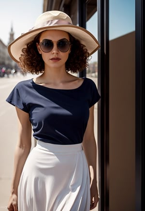 Sunglasses.New Look .Long curly hair.1950s European and American hats.gorgeous female.Floor length skirt.looking at viewer, portrait, photography, detailed skin, realistic, photo-realistic, 8k, highly detailed, full length frame, High detail RAW color art, piercing, diffused soft lighting, shallow depth of field, sharp focus, hyperrealism, cinematic ,chuuChloe