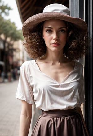 New Look .Long curly hair.1950s European and American hats.gorgeous female.Floor length skirt.looking at viewer, portrait, photography, detailed skin, realistic, photo-realistic, 8k, highly detailed, full length frame, High detail RAW color art, piercing, diffused soft lighting, shallow depth of field, sharp focus, hyperrealism, cinematic ,chuuChloe,aunt cass