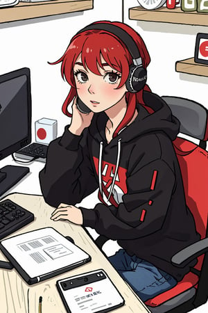 Clear skin, clear face, natural red hairs, casual black  clothes, sitting in front of computer, with headphones and mobile phones,realistic,ANIME 