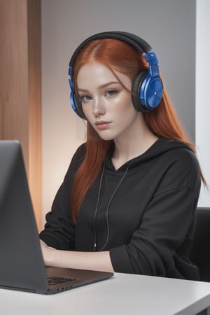Clear skin, clear face, natural red hairs, casual black  clothes, sitting in front of computer, with headphones and mobile phones,realistic