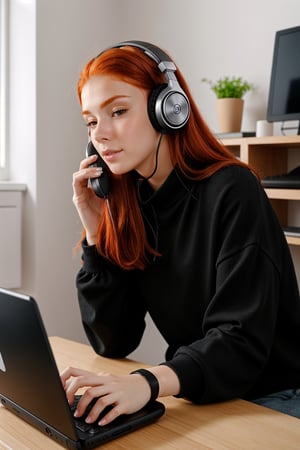 Clear skin, clear face, natural red hairs, casual black  clothes, sitting in front of computer, with headphones and mobile phones,realistic