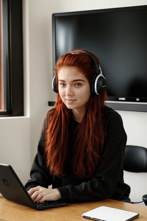 Clear skin, clear face, natural red hairs, casual black  clothes, sitting in front of computer, with headphones and mobile phones,realistic,insertNameHere,A perfect photo
