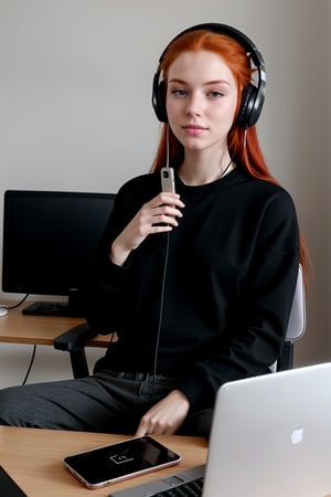Clear skin, clear face, natural red hairs, casual black  clothes, sitting in front of computer, with headphones and mobile phones,