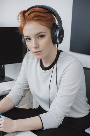 Clear skin, clear face, natural red hairs, casual black  clothes, sitting in front of computer, with headphones and mobile phones,