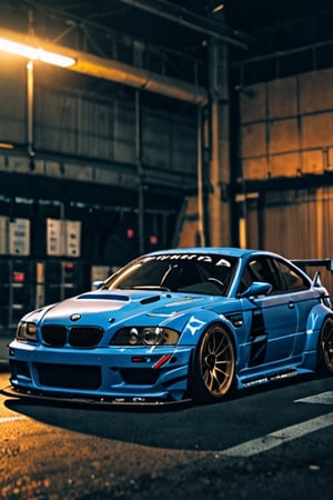 photograph BMW E46 M3 Coupe GTR Widebody Kit, NFS 2005 style decals, BMW blue, detailed number plate, cinematic 4k epic detailed 4k epic detailed photograph shot on kodak detailed bokeh cinematic hbo dark moody
,SD 1.5