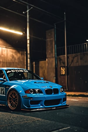photograph BMW E46 M3 Coupe GTR Widebody Kit, NFS 2005 style decals, BMW blue, detailed number plate, cinematic 4k epic detailed 4k epic detailed photograph shot on kodak detailed bokeh cinematic hbo dark moody
,SD 1.5