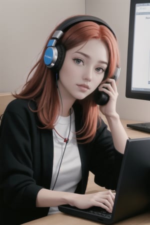 Clear skin, clear face, natural red hairs, casual black  clothes, sitting in front of computer, with headphones and mobile phones,realistic,insertNameHere