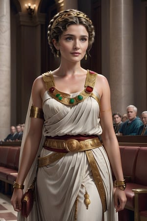 r"Agrippina the Elder, dressed in an elegant Roman toga, speaking to Roman senators at a secret meeting in the Senate, her face showing a mix of charm and cunning."