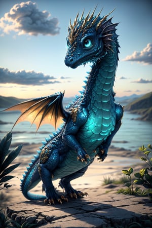 ((Alone:1.4)), ((Solo:1.4)), ((MEDIUM FULL SHOT:1.5)),realistic, masterpiece,best quality,High definition, (realistic lighting, sharp focus), high resolution, ((volumetric light)), outdoors, , a little dragon, blue skin, gold ornamentals, looking at viewer, cloud sky, 