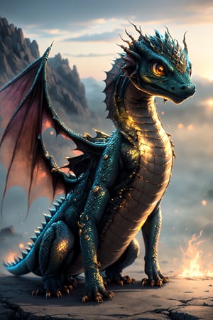 ((Alone:1.4)), ((Solo:1.4)), ((MEDIUM FULL SHOT:1.5)),realistic, masterpiece,best quality,High definition, (realistic lighting, sharp focus), high resolution, ((volumetric light)), outdoors, ,((( a little dragon,))), gold skin, looking at viewer, cloud sky, glowing eyes, fog, dust in the air