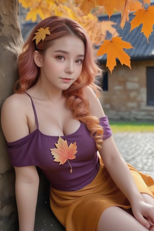 best quality, 4K, masterpiece, 8K, 1 girl, solo, alone, ultra quality, sfw, perfect hands, detailed, very detailed, perfect head, perfect light, perfect eyes, purple hair, 30 years old, tall girl, more detail, orange hair, pink hair, multicoloured hair, curls, middle hair, voluminous hair, yellow eyes, maple girl, SharpEyess, two large maple leaf hair clips, hair ribbons, brown dress, orange dress, fluffy dress with maple leaves, cutout on the side of the dress, straps, multicoloured dress, bare shoulders, sitting, autumn, ancient maple tree on background, stone tiles, ruin, side view, looking at viewer
,3g3Kl0st3rXL