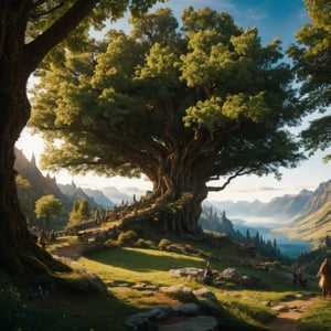 Craft an image that captures the essence of Norse mythology, valley, fairytale treehouse village covered, , matte painting, highly detailed, dynamic lighting, cinematic, realism, Centered around the mighty Yggdrasil tree—the cosmic World Tree that connects the Nine Realms. The scene should be rich with mythological symbolism, portraying the interconnectedness of the realms and the power emanating from Yggdrasil.