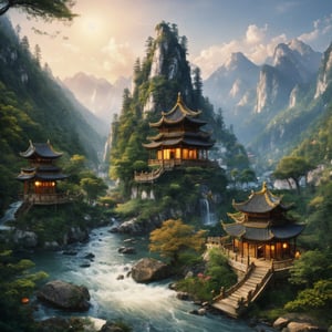 valley, fairytale treehouse village covered, , matte painting, highly detailed, dynamic lighting, cinematic, realism, The Taoism symbol should be at the center of the image, with a balance of dark and light tones. Anicient chinese building fade in the background. The background could include subtle natural elements, like flowing water or gentle hills, to enhance the overall sense of harmony.