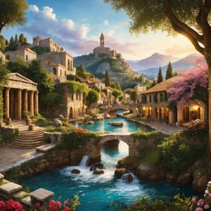 Evoke the enchantment of ancient Greece in a vibrant image, fairytale village covered, , matte painting, highly detailed, dynamic lighting, cinematic, realism that unfolds a bustling village nestled within the olive groves, its architecture echoing the grandeur of Olympus. This mythical hamlet, however, draws inspiration from the Amazonian spirit, blending the strength of warriors with the warmth of common folk under the watchful gaze of the gods.