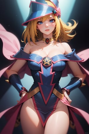 straight-on, upper body, solo, BREAKANIME_dark_magician_girl_YuGiOh_ownwaifu, www.ownwaifu.com,blonde hair, long hair, dark magician girl,breasts, hair between eyes, medium breasts, blue eyes, bangs, collarbone, spiked hair, blush stickers, large breasts, green eyes, bare shoulders, blue headwear, choker, duel monster, hat, wizard hat, cleavage, blue leotard, jewelry, gem, necktie, star \(symbol\), vambraces, pentacle, bracer,pelvic_curtain,hexagram,,, official art,extremely detailed CG unity 8k wallpaper, perfect lighting,Colorful, Bright_Front_face_Lighting,shiny skin, (masterpiece:1.0),(best_quality:1.0), ultra high res,4K,ultra-detailed, photography, 8K, HDR, highres, (absurdres:1.2), Kodak portra 400, film grain, blurry background, (bokeh:1.2), lens flare, (vibrant_color:1.2),professional photograph, (beautiful_face:1.5),
,ANIME_dark_magician_girl_YuGiOh_ownwaifu