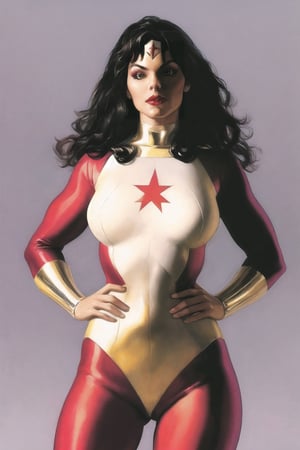 masterpiece, best quality, high quality, highres,

ARTSTYLE_AlexRoss_ComicArt_ownwaifu, www.ownwaifu.com, 

solo, long hair, black hair, breasts,  lips, makeup, bodysuit,  lipstick, 

retro artstyle,simple background, realistic, superhero,