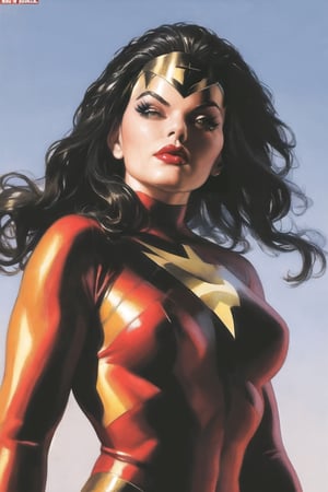 masterpiece, best quality, high quality, highres,

ARTSTYLE_AlexRoss_ComicArt_ownwaifu, www.ownwaifu.com, 

solo, long hair, black hair, breasts,  lips, makeup, bodysuit,  lipstick, 

retro artstyle,simple background, realistic, superhero,