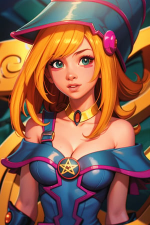straight-on,  upper body,  solo,  BREAKANIME_dark_magician_girl_YuGiOh_ownwaifu,  www.ownwaifu.com, blonde hair,  long hair,  dark magician girl, breasts,  hair between eyes,  medium breasts,  blue eyes,  bangs,  collarbone,  spiked hair,  blush stickers,  large breasts,  green eyes,  bare shoulders,  blue headwear,  choker,  duel monster,  hat,  wizard hat,  cleavage,  blue leotard,  jewelry,  gem,  necktie,  star \(symbol\),  vambraces,  pentacle,  bracer, pelvic_curtain, hexagram, , ,  official art, extremely detailed CG unity 8k wallpaper,  perfect lighting, Colorful,  Bright_Front_face_Lighting, shiny skin,  (masterpiece:1.0), (best_quality:1.0),  ultra high res, 4K, ultra-detailed,  photography,  8K,  HDR,  highres,  (absurdres:1.2),  Kodak portra 400,  film grain,  blurry background,  (bokeh:1.2),  lens flare,  (vibrant_color:1.2), professional photograph,  (beautiful_face:1.5), 
, ANIME_dark_magician_girl_YuGiOh_ownwaifu, 
,ANIME_dark_magician_girl_YuGiOh_ownwaifu