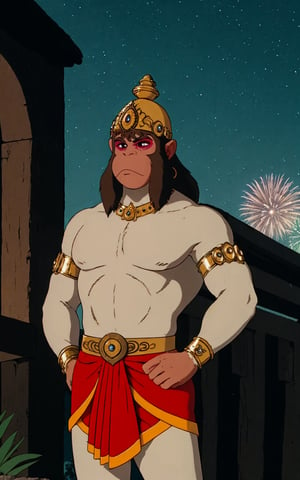 ((masterpiece,best quality)),(highres), night, contrapposto,hand on hip,

ANIME_IndianAnime_Hanuman_ownwaifu, bara, monkey, monkey boy, white fur, 1boy, brown hair, dark skin, facial hair, tail, crown, makeup, beard, earrings, long hair, monkey tail, eyeshadow, furry male, brown eyes, animal ears, thick eyebrows, furry, muscular, topless male, gold, jewelry, crown, helmet, armlet, bracelet, necklace, skirt, red skirt, neck ring, yellow headwear, gem, 

balcony, aerial fireworks, vanishing point, depth_of_field, scenery,  solo, cowboy shot, looking at viewer, absurdres,ANIME_IndianAnime_Hanuman_ownwaifu