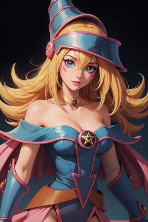 straight-on, upper body, solo, BREAKANIME_dark_magician_girl_YuGiOh_ownwaifu, www.ownwaifu.com,blonde hair, long hair, dark magician girl,breasts, hair between eyes, medium breasts, blue eyes, bangs, collarbone, spiked hair, blush stickers, large breasts, green eyes, bare shoulders, blue headwear, choker, duel monster, hat, wizard hat, cleavage, blue leotard, jewelry, gem, necktie, star \(symbol\), vambraces, pentacle, bracer,pelvic_curtain,hexagram,,, official art,extremely detailed CG unity 8k wallpaper, perfect lighting,Colorful, Bright_Front_face_Lighting,shiny skin, (masterpiece:1.0),(best_quality:1.0), ultra high res,4K,ultra-detailed, photography, 8K, HDR, highres, (absurdres:1.2), Kodak portra 400, film grain, blurry background, (bokeh:1.2), lens flare, (vibrant_color:1.2),professional photograph, (beautiful_face:1.5),
,ANIME_dark_magician_girl_YuGiOh_ownwaifu