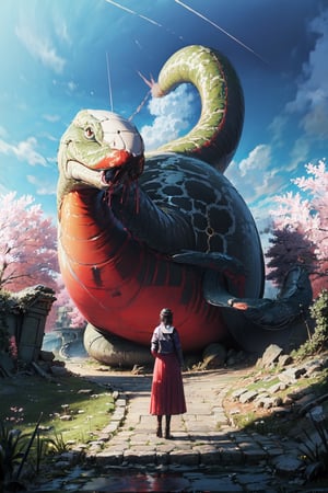 CONCEPT_Oversized_Animal_ownwaifu,

giant snake, 1girl, outdoors, cloud, standing, sky, from behind, day, oversized animal,

((masterpiece)),((best quality)),(highres), bokeh, depth_of_field, sunlight, scenery, ruins, waterfall, looking at viewer, solo, 