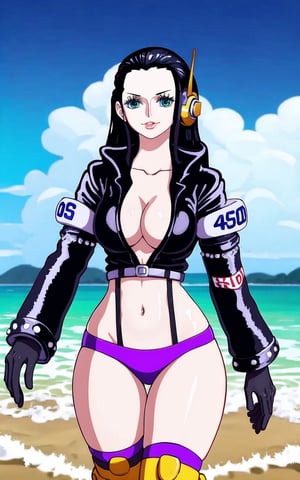 ((masterpiece,best quality)),(highres), beach, sunset, contrapposto,1girl, nico robin, black hair, long hair, large breasts, blue eyes, collarbone, hair slicked back, eyelashes, straight hair, aqua eyes, headphones, lips, 
cleavage, black jacket, cropped jacket, panties, long sleeves, black gloves, open jacket, suspenders, midriff, underwear, navel, gloves, open clothes, belt, purple thighhighs, thigh gap, zipper, no pants, thighs, boots, knee boots, 
sand, vanishing point, depth_of_field, scenery,  solo, cowboy shot, looking at viewer, absurdres,ONEPIECE_EggHead_NicoRobin_ownwaifu,photorealistic,Pixel art
