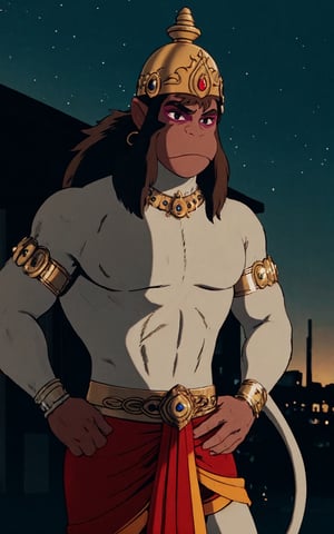 ((masterpiece,best quality)),(highres), night, contrapposto,hand on hip,

ANIME_IndianAnime_Hanuman_ownwaifu, bara, monkey, monkey boy, white fur, 1boy, brown hair, dark skin, facial hair, tail, crown, makeup, beard, earrings, long hair, monkey tail, eyeshadow, furry male, brown eyes, animal ears, thick eyebrows, furry, muscular, topless male, gold, jewelry, crown, helmet, armlet, bracelet, necklace, skirt, red skirt, neck ring, yellow headwear, gem, 

balcony, aerial fireworks, vanishing point, depth_of_field, scenery,  solo, cowboy shot, looking at viewer, absurdres,ANIME_IndianAnime_Hanuman_ownwaifu