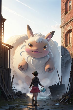 CONCEPT_Oversized_Animal_ownwaifu,

pokemon (creature), 1girl, outdoors, cloud, standing, sky, from behind, day, oversized animal,

((masterpiece)),((best quality)),(highres), bokeh, depth_of_field, sunlight, scenery, ruins, waterfall, looking at viewer, solo, 
