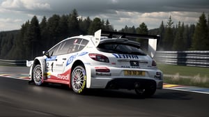 HD,  4K,  masterpiece,  best quality,  photography,  realistic,  realism,  photorealism,  206,  WRC,  Peugeot,  car,  silver,  speeding,  running,  motion, race track, smoke, ,REALISTIC