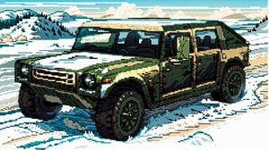 hyper-realistic, photo realism, cinematographic style, car, military car, hummer, hummer h1, h1, h2, hummer, military vehicle, armoured, ,BTR-80, camouflage car, white car, ,Pixel art,Pixel world, bright day, sunny day, soft shadow, snow camouflage, 