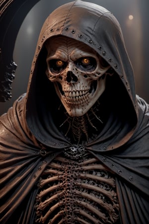 (((upper body photograph:1.3))) photorealism, hyperrealism, cinematic-still frame. Dark fantasy art, horrorcore, darkcore, madcore, Occult art, tenebrism. Real life photograph of the grim reaper. Horrifying skull face with hollow eyes, wearing a hooded cloak. Putrid and yellowish goo comes from its mouth. Scene, art and style by Luis Royo, Clive Barker and Greg Rutkowski taken using a Canon EOS R camera with a 50mm f/1.8 lens, f/2.2 aperture, shutter speed 1/200s, ISO 100 and natural light, Full Body, Hyper Realistic Photography, Cinematic, Cinema, Hyperdetailed. UHD, Color Correction, hdr, color grading, hyper realistic CG animation. CGI, VFX and photography post processing by Weta Digital.,Movie Still,inst4 style,biopunk style,diablo 4 style